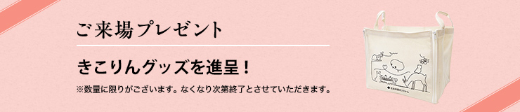 ご来場プレゼント　きこりんグッズを進呈！　※数量に限りがございます。なくなり次第終了とさせていただきます。