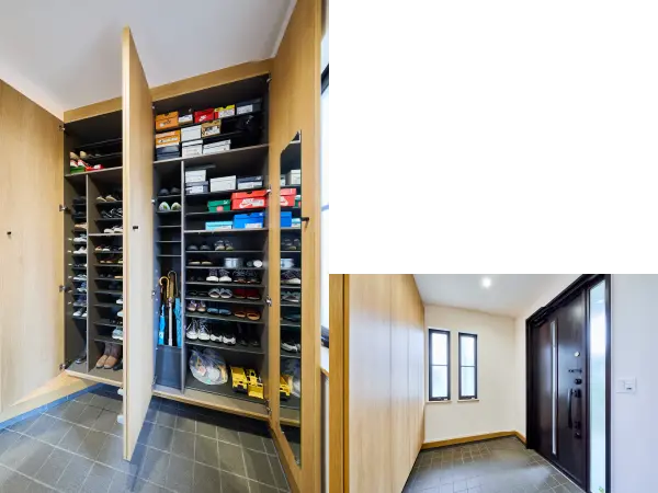 収納するモノの大きさや量に合わせてカスタマイズできる玄関収納