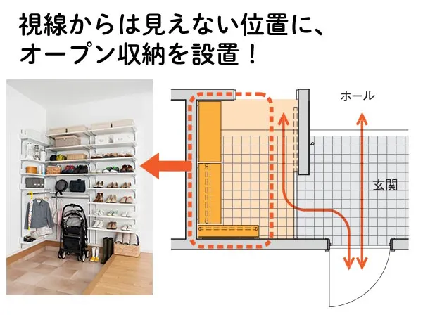 視線からは見えない位置に、オープン収納を設置！