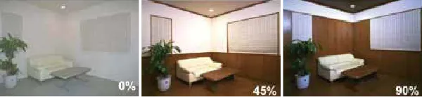 空間の木の使用割合を「0％」「45％」「90％」と3段階に変えた部屋を用意