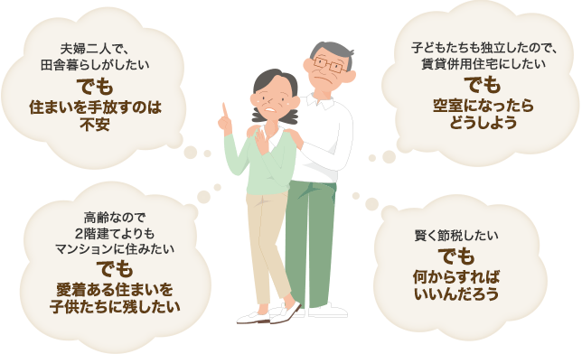 夫婦二人で、田舎暮らしがしたい でも住まいを手放すのは不安 高齢なので2階建てよりもマンションに住みたい でも愛着ある住まいを子供たちに残したい 子どもたちも独立したので、賃貸併用住宅にしたい でも空室になったらどうしよう 賢く節税したい でも何からすればいいんだろう