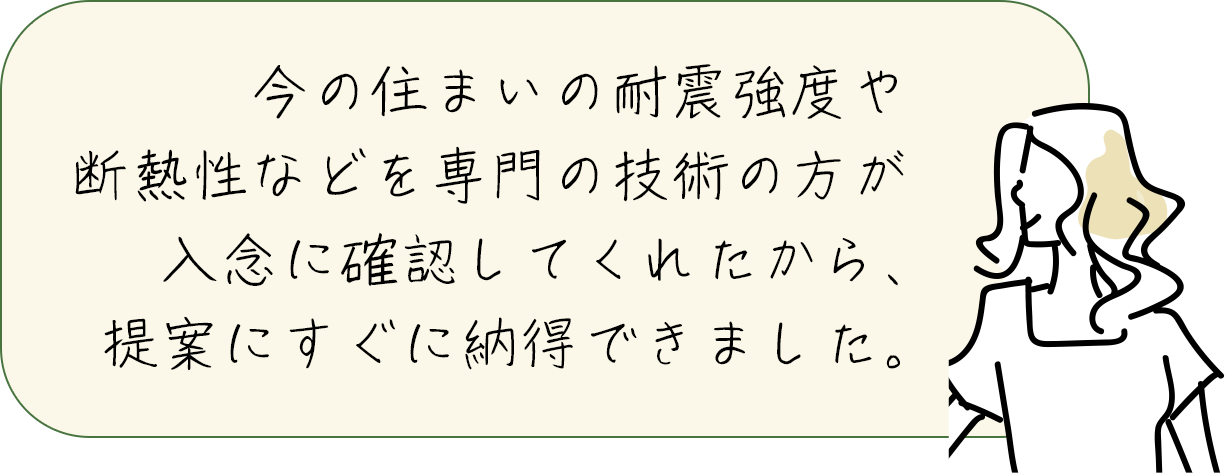 今の住まいの耐震強度や断熱性などを専門の技術の方が入念に確認してくれたから、提案にすぐに納得できました。